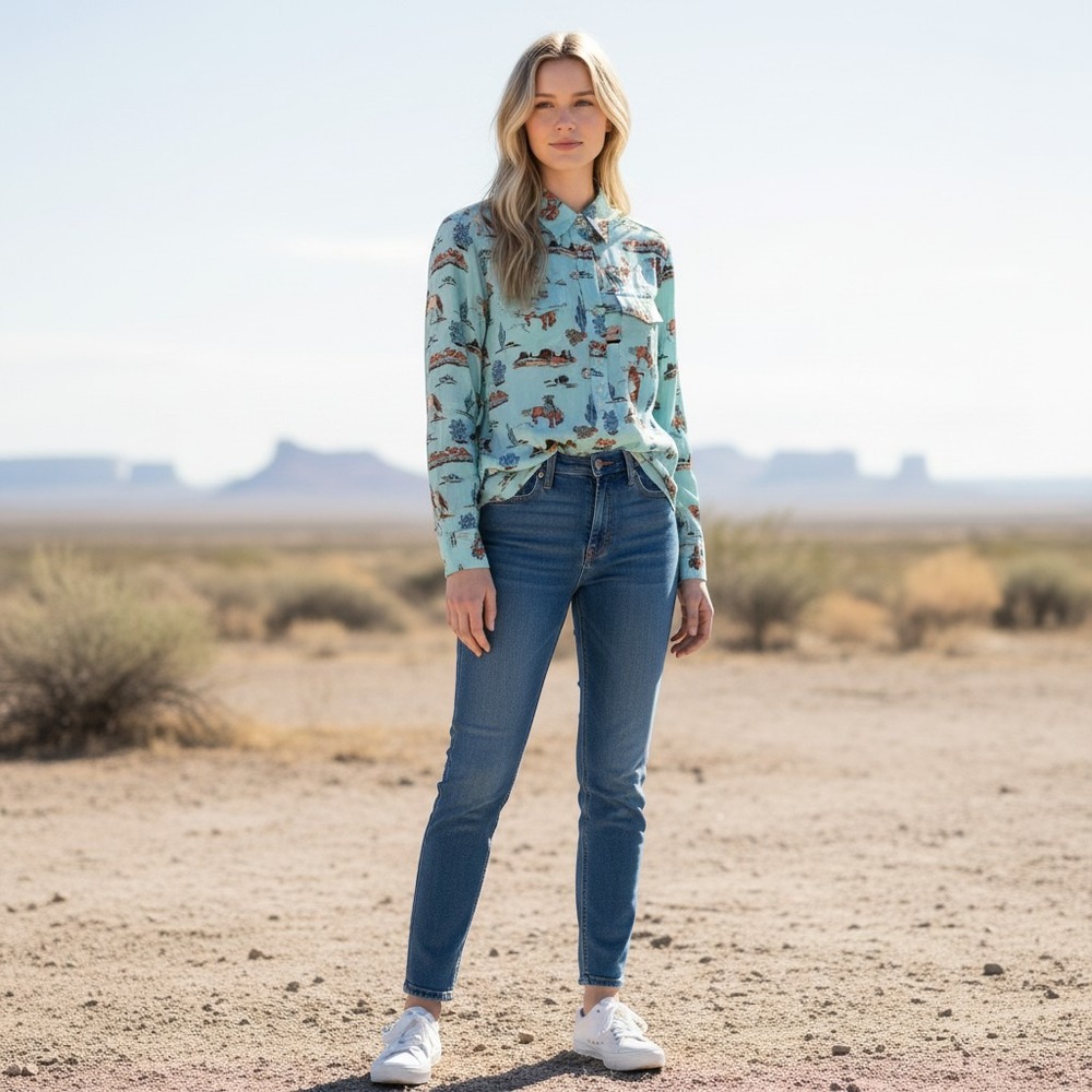 Roper Western Snap Shirt Womens S Aqua Blue NWT Desert Cowgirl Print Long Sleeve